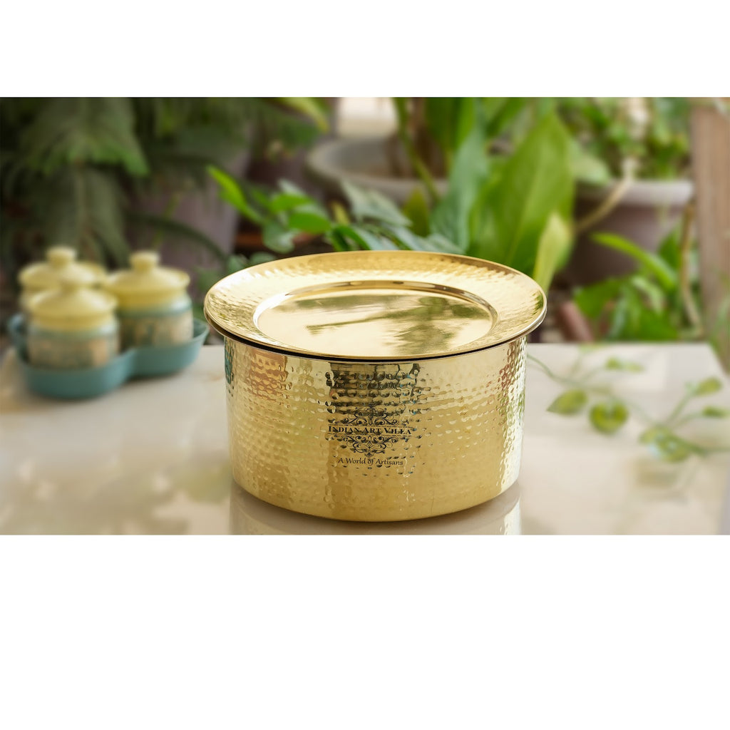 IndianArtVilla Pure Brass Tin Lining Hammered  Design Patila/ Bhogona with Lid Cookware, Servware