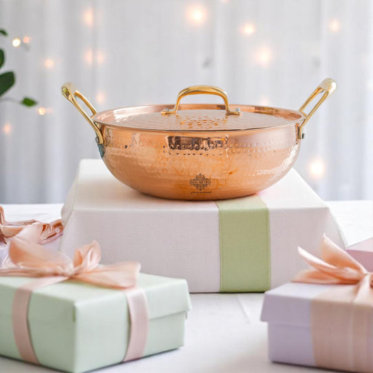 Pure Copper Kadhai With Lid & Inside Tin Lining- Cookware