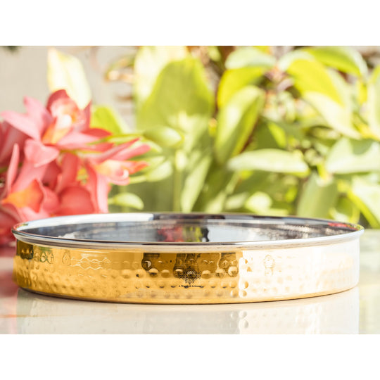 Pure Steel Brass Hammered Designer Plate, Thali, Serveware, Dinnerware, 34.04 cm