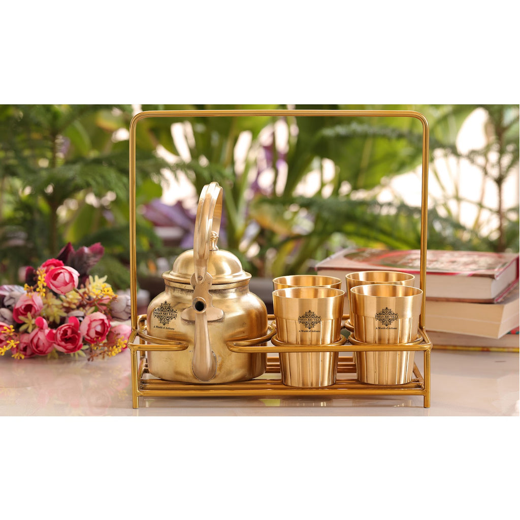 INDIAN ART VILLA Brass Tea Kettle with 4 Brass Tea Cups with Serving Stand