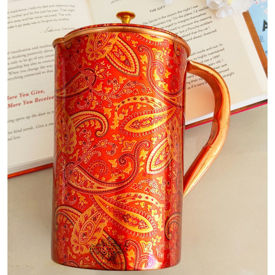 Pure Copper Paisley Printed Design Jug With Brass Knob on Lid