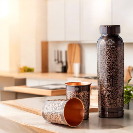 Antique Embossed Copper Bottle Gift Set – Includes 1 Copper Bottle & 2 Glasses