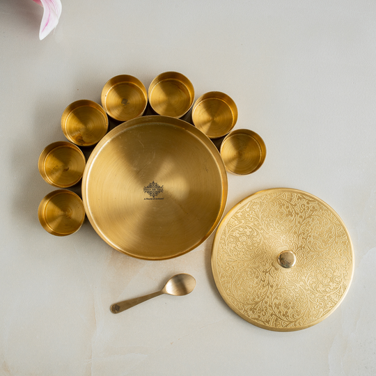 Handcrafted pure brass masala box with detailed engraved lid and seven containers for kitchen and gifting