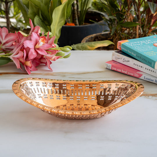 Copper Hammered Design Oval Bread Serving Basket