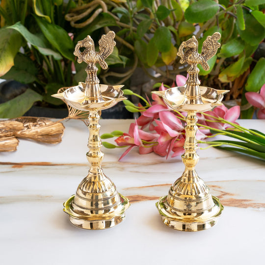 Brass Pillar Diya Set of 2 - Traditional South Indian Temple Oil Lamps