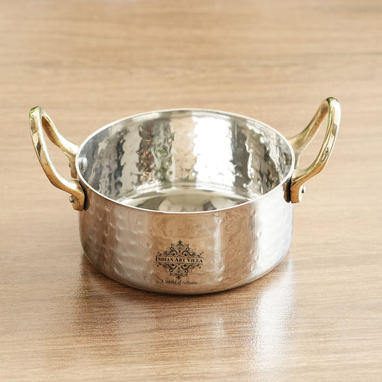 Stainless Steel Serving Bowl with Brass Handles, Hammered Design, Ideal Small Serving Bowl for Curry, Dal and Sides – Elegant Tableware for Home &amp; Restaurant Use