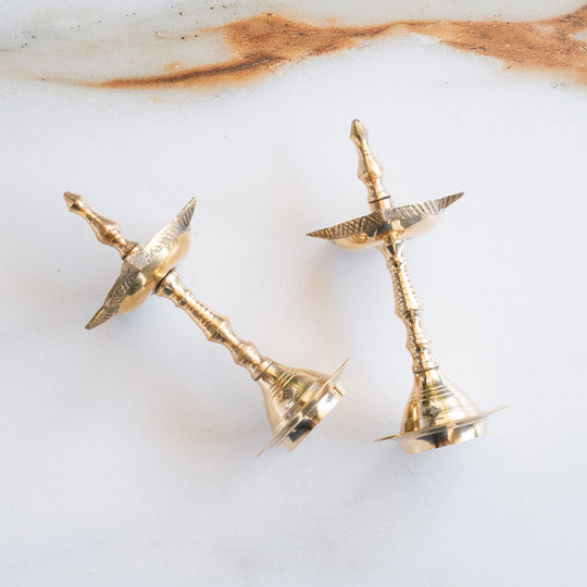 Brass Pillar Diya Set of 2 with Scalloped Bowl & Shine Finish