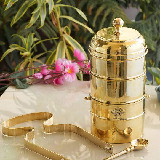 Traditional brass tiffin box with spoon plain polished finish and tin lining from Indian Art Villa heritage collection