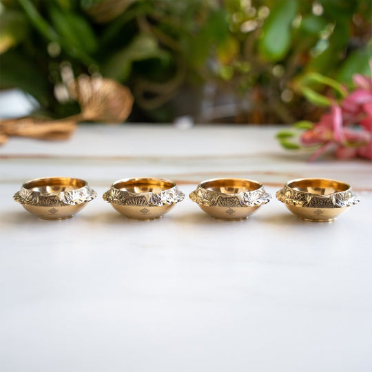 Brass Diya Set of 4 with Embossed Design and Shine Finish - Indian Art Villa
