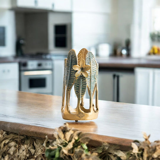 Gold Finish Green Leaf Decorative Cutlery Stand