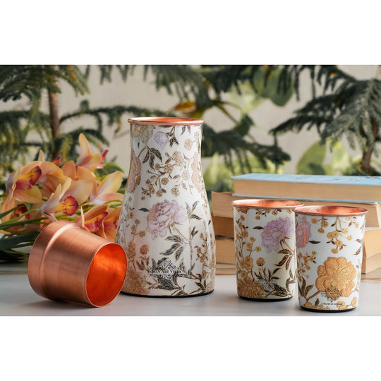 Golden floral design copper bottle and tumbler set by Indian Art Villa, ideal for festive décor and premium gifts.