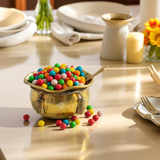 Brass Bowl & Spoon Set With Velvet Box - Hammered Design
