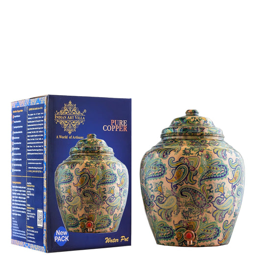 Copper Water Pot/Dispenser/ Matka in Green Paisley Printed Design with Brass Tap,13 Ltr