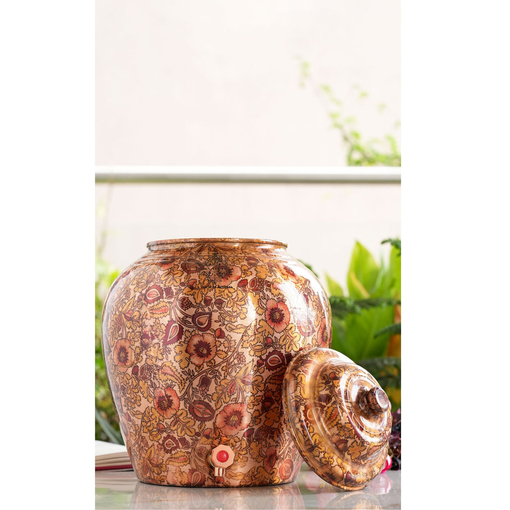 INDIAN ART VILLA Printed Flower Design Copper Water Dispenser Pot Matka, Storage, Home Kitchen Garden