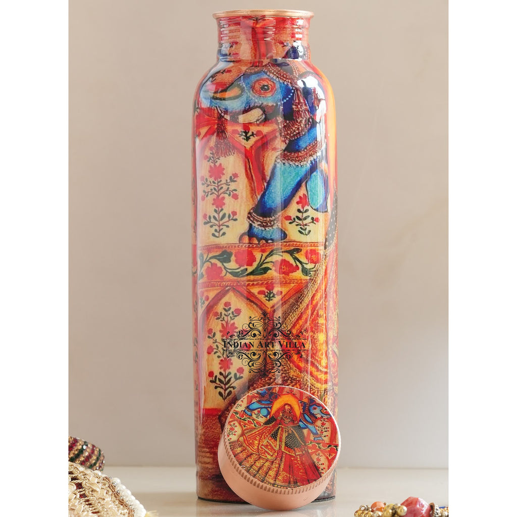 Indian Art Villa Copper Bottle Rajasthani Meena "Padharo Myare Desh" Printed theme,900 ML