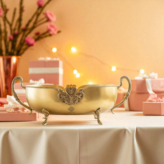 Brass Bowl Embossed Design With Decorative Style Handle
