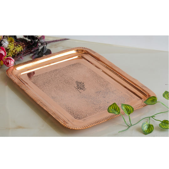 Pure Copper Embossed Flower Design Rectangular Tray - 26.92 cm Length