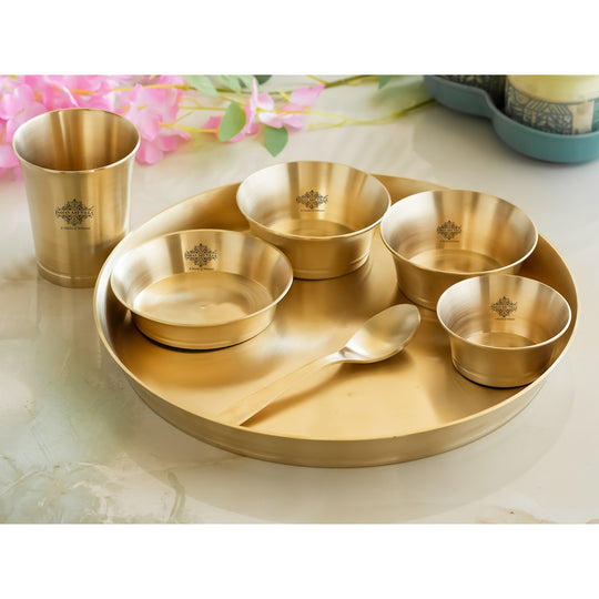 Pure brass matt hammered dinner set 7 piece front view — Indian Art Villa