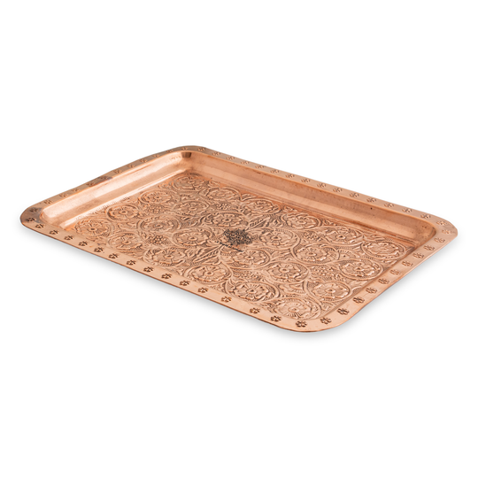 Pure Copper Engraved Flower Design Tray | Serving Tea Coffee Water Dishes | Home Hotel Restaurant Tableware