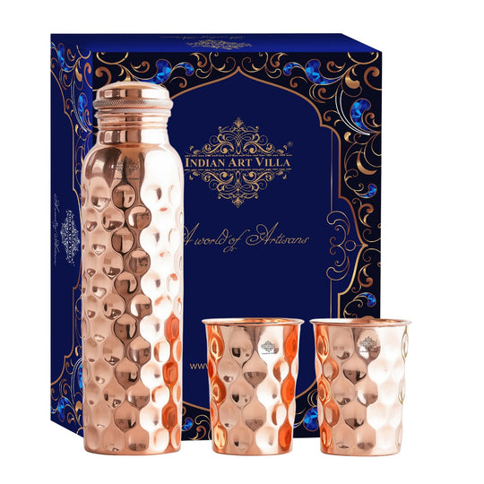 Set of Pure Copper Diamond Hammered Leak Proof Water Bottle & Two Glasses with a Gift Box, Drinkware