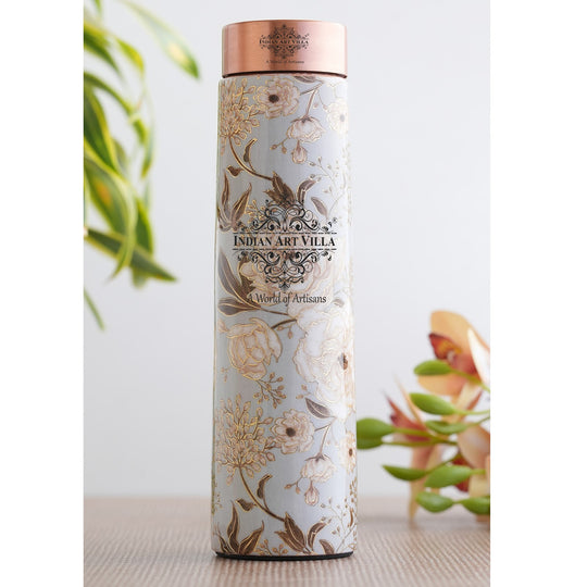 FlowerPrint Design Handcrafted Pure Copper Water Bottle 800ML Gold Flower Art Leak-Proof Wellness Indian Art Villa