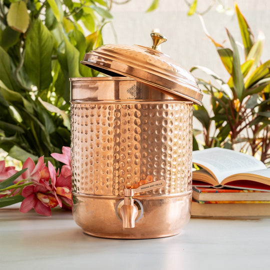 Handmade Pure Copper Hammered Water Dispenser Pot with Brass Knob