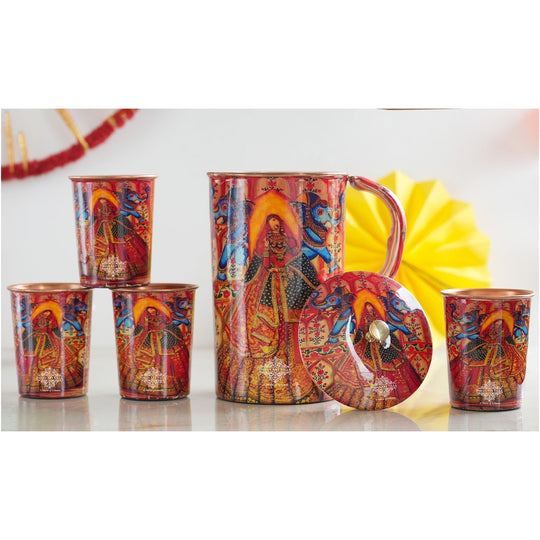 Ayurvedic Copper Jug & 2 Glass Set by Indian Art Villa, featuring Rajasthani Meena 'Padharo Mhare Desh' print, ideal for home decor.