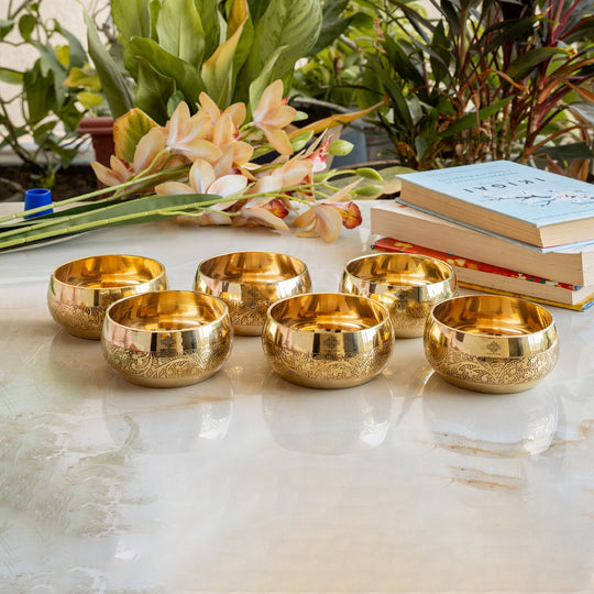 Brass Embossed Round Shaped Bowl, Dinnerware, Serveware, 150 ml