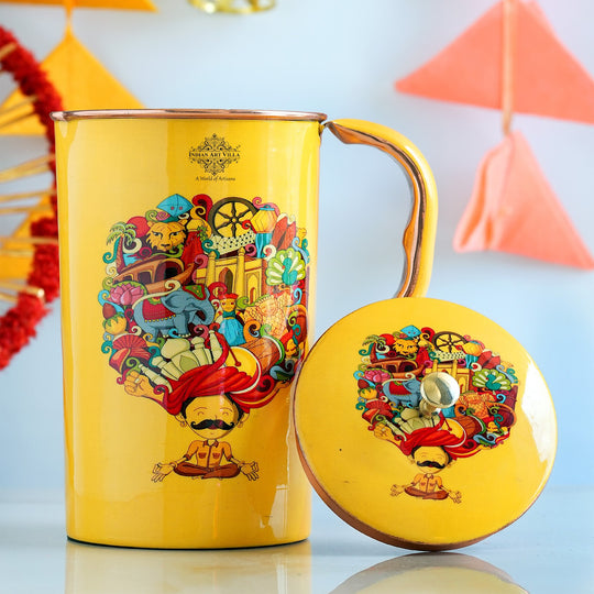 Ethnic copper jug 1500ml with lid and Padharo Mhare Desh artwork focused on Rajasthani turban culture