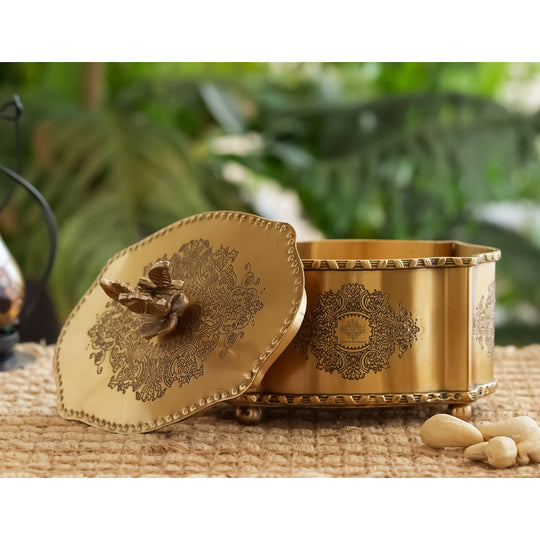 Royal Brass Dry Fruit Box with Floral Lid – Handcrafted Elegance |  Brass Decorative Box