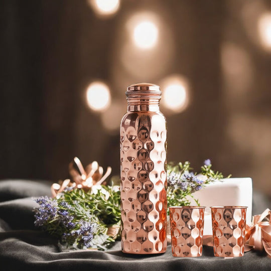 Set of Pure Copper Diamond Hammered Leak Proof Water Bottle & Two Glasses with a Gift Box, Drinkware