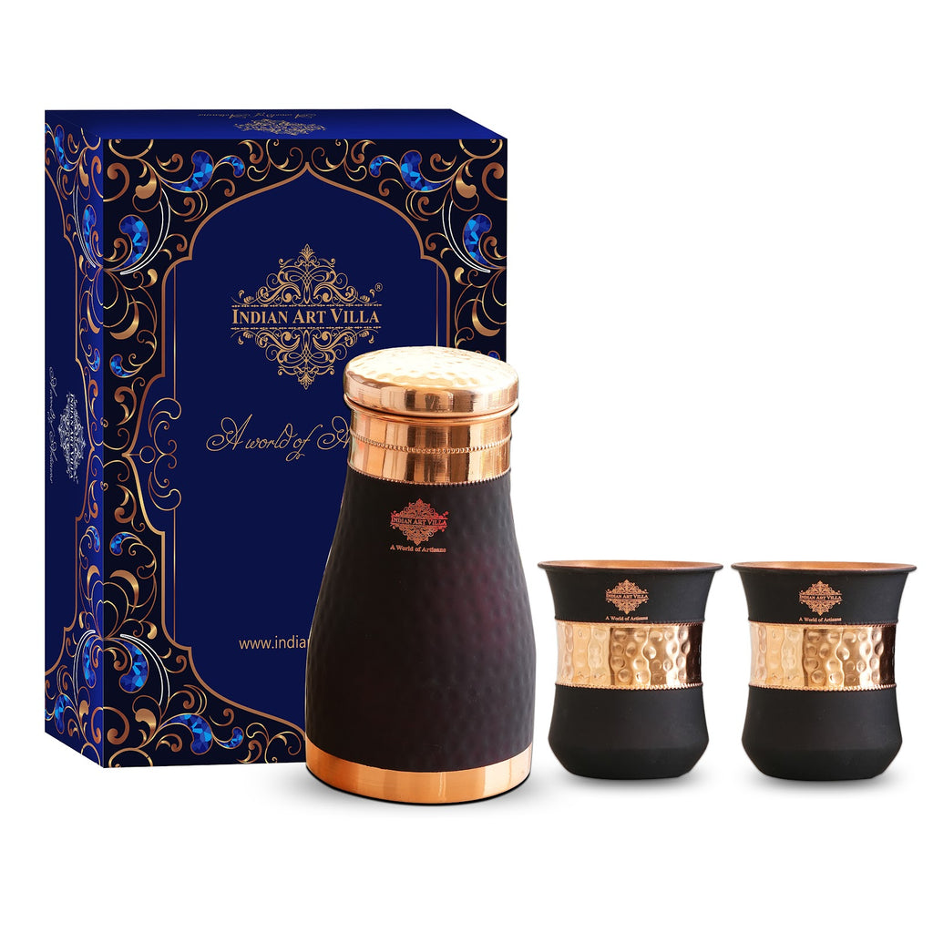 INDIAN ART VILLA Copper Bedroom Bottle with Copper Glass with Black Silk Finished Gift Set