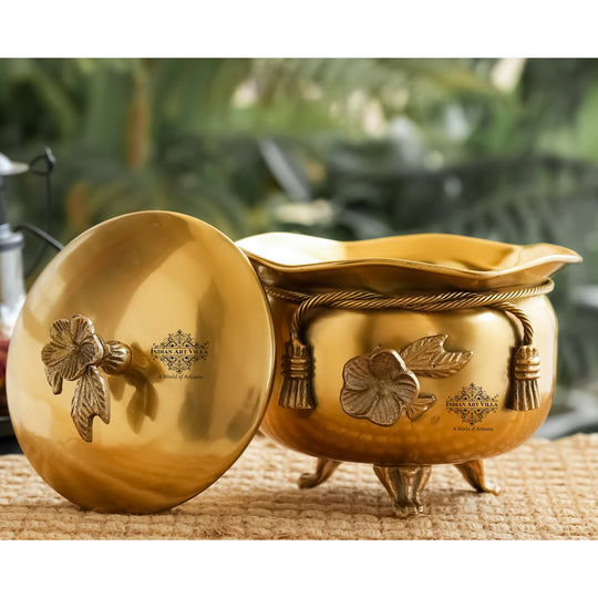 Brass Decorative Handi with Lid Neck Ribbon Bow Design  3 Legs