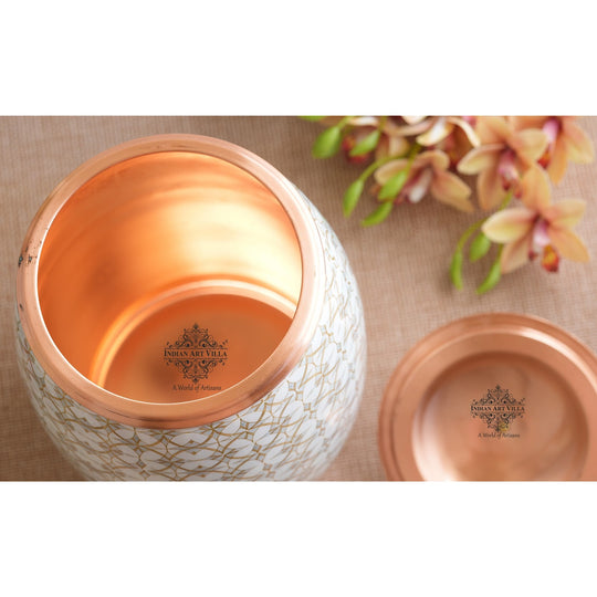 Handcrafted Pure Copper Water Pot with Gold Print Design, Ayurveda Water Vessel, 10 Ltr.