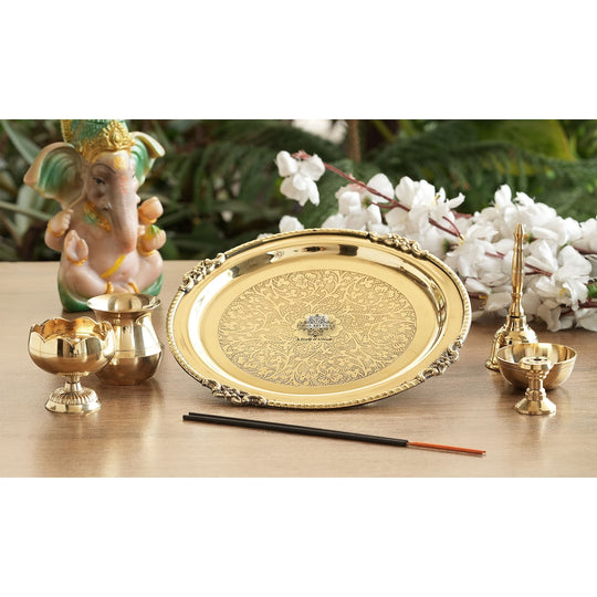 Pure Brass Embossed Puja Thali Set, 6 Pieces Set, 20.32 cm, Poojan Purpose, Spiritual Gift Item