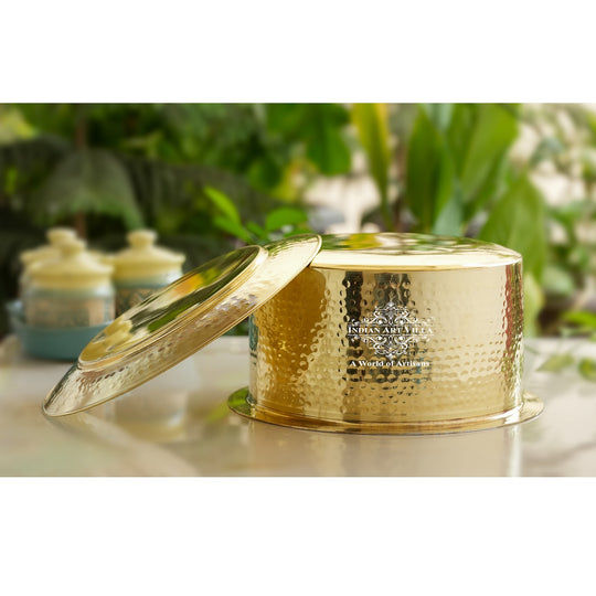 Pure Brass Cooking Pot with Lid Tin Lining & Hammered Design