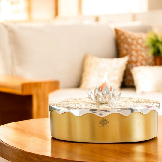Silver-Plated Brass Decorative Multi-Purpose Gift Box, Lotus Flower Design, Elegant Silver & Gold Finish Storage Box for Dry Fruits