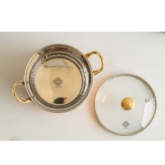 Embody tradition Indian Art Villa copper handi 950ML hammered brilliance topped by glass lid and intricate brass details