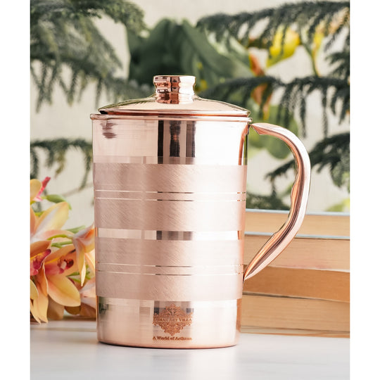 Pure copper luxury design jug with lid handle 1700 ML front view — Indian Art Villa