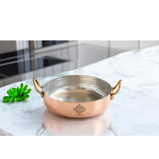 Copper cooking pan with kalai lining and brass handles, designed for durable and traditional cooking by Indian Art Villa
