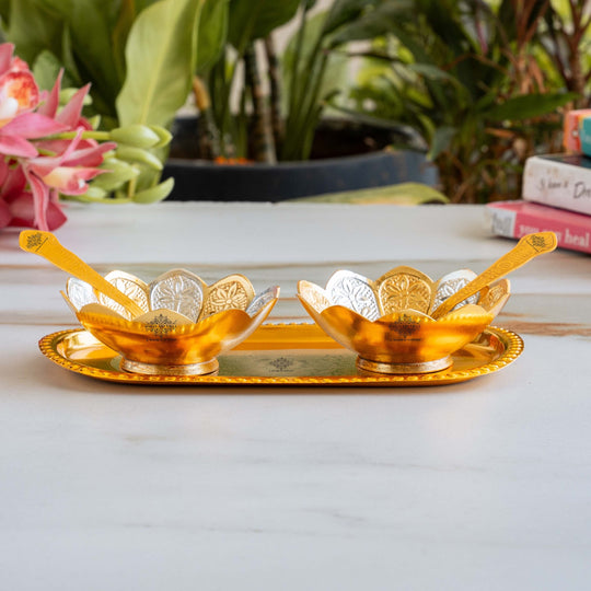 Silver Plated Gold Polished Lotus Design Set of 2 Bowl with 2 Spoon & 1 Tray, Diwali Festive Gifts Item