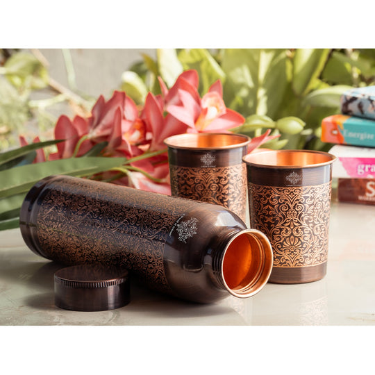 Antique Embossed Copper Bottle Gift Set – Includes 1 Copper Bottle & 2 Glasses