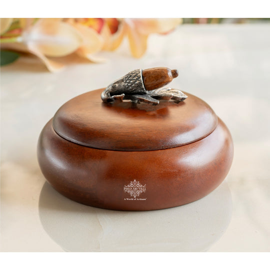 Wooden acorn bowl with lid handcrafted flower design front view — Indian Art Villa