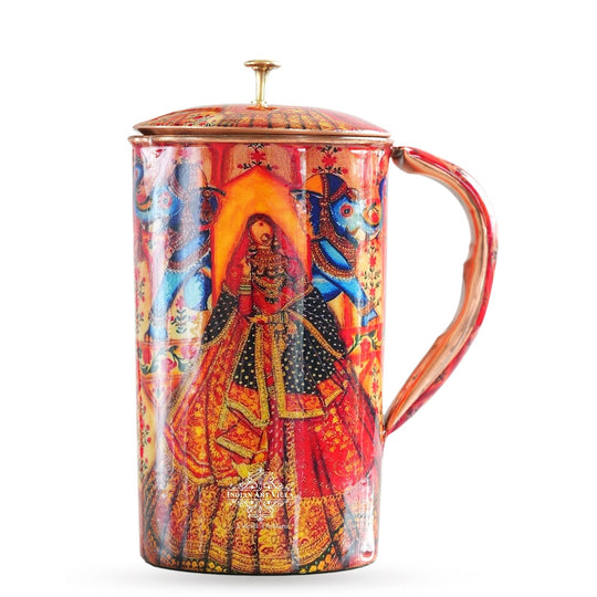 Ayurvedic Copper Jug & 2 Glass Set by Indian Art Villa, featuring Rajasthani Meena 'Padharo Mhare Desh' print, ideal for home decor.