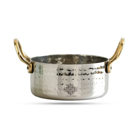 Stainless Steel Serving Bowl with Brass Handles, Hammered Design, Ideal Small Serving Bowl for Curry, Dal and Sides – Elegant Tableware for Home &amp; Restaurant Use