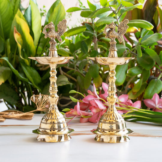 Brass Pillar Diya Set of 2 - Traditional South Indian Temple Oil Lamps