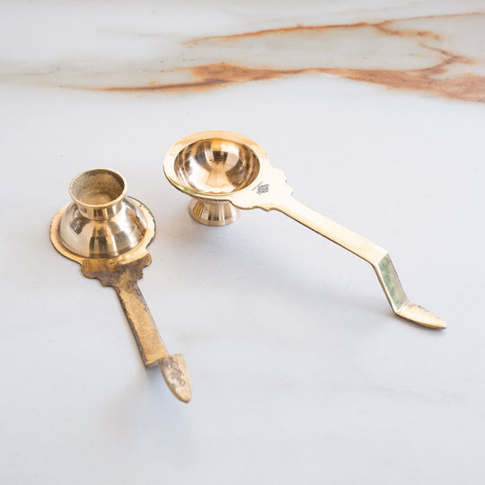 Brass Golchy Aarti Diya Set of 2 with Long Handle