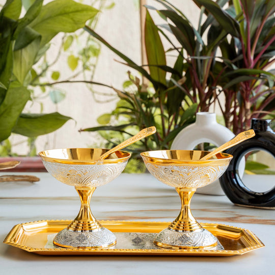 Silver Pleated Gold Polished 2 Ice Cream Bowl with 2 spoon & 1 tray