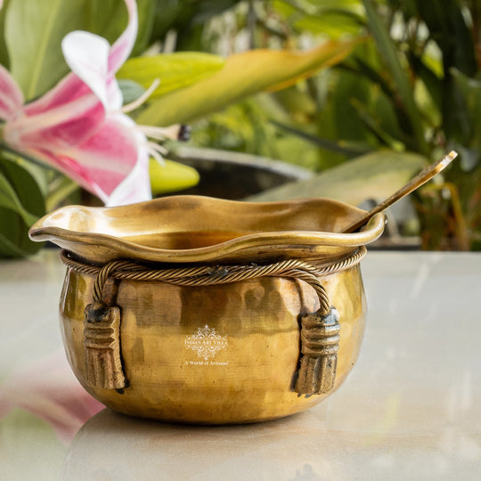 Brass Bowl & Spoon Set With Velvet Box - Hammered Design