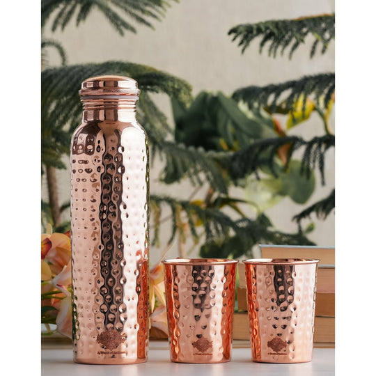 Pure Copper Hammered Leak Proof Water Bottle & Two Glass